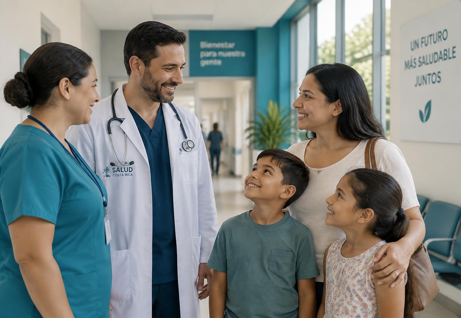 Profesionales de salud conversando con una familia en un centro de salud de Costa Rica